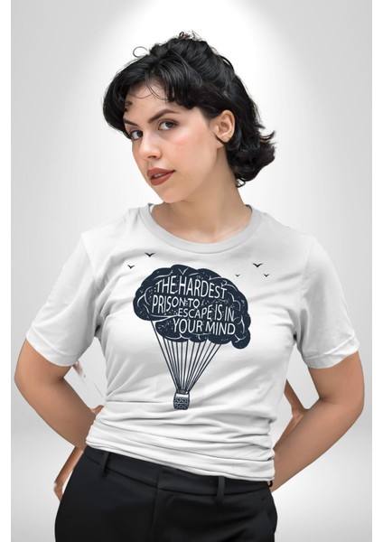 Aklınızdaki En Zor Hapisane Kaçışı Kadın Erkek Unisex Beyaz Organik Baskılı T-Shirt Penye Yüksek Kalite