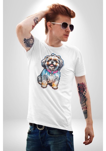 Shih Tzu Renkli Köpek Kadın Erkek Unisex Beyaz Organik Baskılı T-Shirt Penye Yüksek Kalite