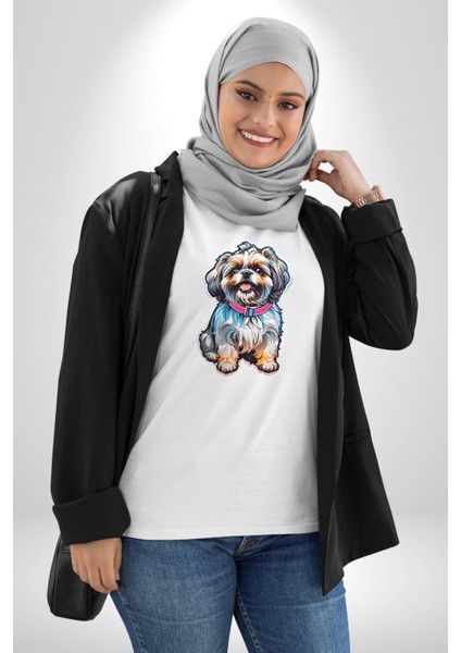 Shih Tzu Renkli Köpek Kadın Erkek Unisex Beyaz Organik Baskılı T-Shirt Penye Yüksek Kalite fiyatları