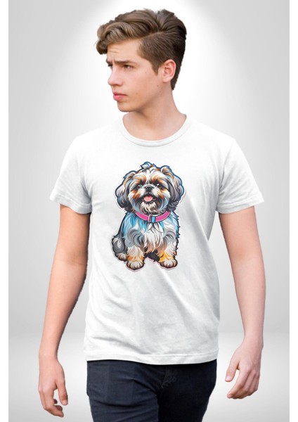Shih Tzu Renkli Köpek Kadın Erkek Unisex Beyaz Organik Baskılı T-Shirt Penye Yüksek Kalite modelleri