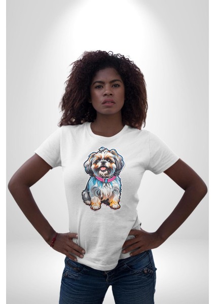 Shih Tzu Renkli Köpek Kadın Erkek Unisex Beyaz Organik Baskılı T-Shirt Penye Yüksek Kalite fırsatları