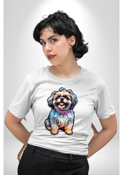 Shih Tzu Renkli Köpek Kadın Erkek Unisex Beyaz Organik Baskılı T-Shirt Penye Yüksek Kalite indirimleri