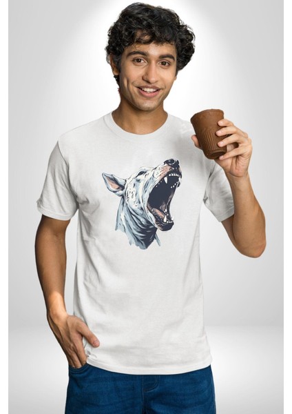 Bull Terier Köpek Havlama Kadın Erkek Unisex Beyaz Organik Baskılı T-Shirt Penye Yüksek Kalite modelleri