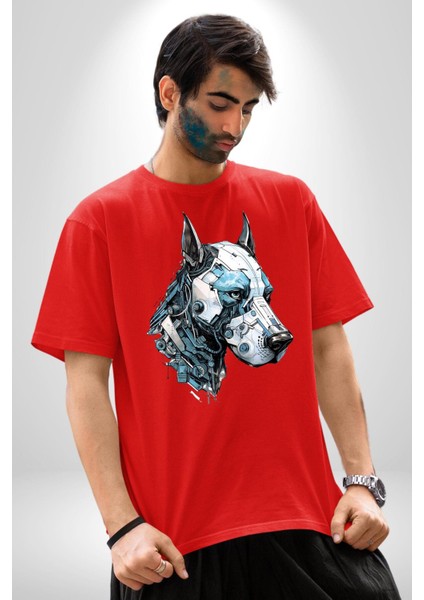 Robot Cyborg Köpek Doberman Pamuklu Bisiklet Yaka Kadın Erkek Oversize Boyfriend Dijital Baskılı Kırmızı T-Shirt