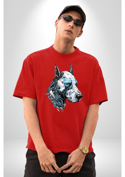Robot Cyborg Köpek Doberman Pamuklu Bisiklet Yaka Kadın Erkek Oversize Boyfriend Dijital Baskılı Kırmızı T-Shirt fırsatları