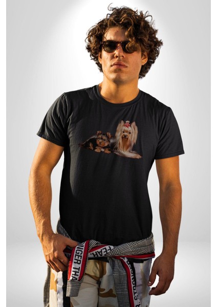 Yorkshire Teacup ve Anne Köpek Kadın Erkek Unisex Siyah Organik Baskılı T-Shirt Penye Yüksek Kalite