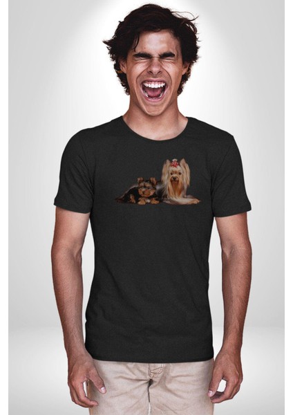 Yorkshire Teacup ve Anne Köpek Kadın Erkek Unisex Siyah Organik Baskılı T-Shirt Penye Yüksek Kalite fiyatları