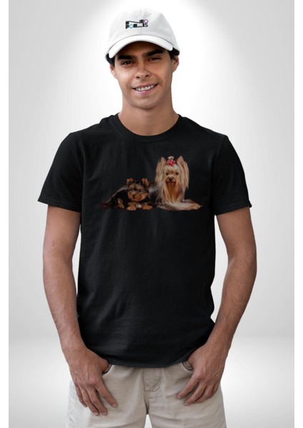 Yorkshire Teacup ve Anne Köpek Kadın Erkek Unisex Siyah Organik Baskılı T-Shirt Penye Yüksek Kalite indirimleri