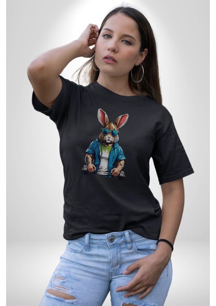 Halter Spor Güneş Gözlüüğü Tavşan Kadın Erkek Unisex Siyah Organik Baskılı T-Shirt Penye Yüksek Kalite fırsatları