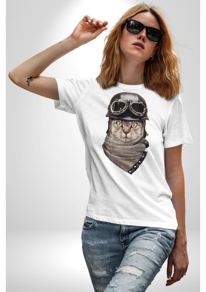 Kasket Bandana Motorcu Kedi Kadın Erkek Unisex Beyaz Organik Baskılı T-Shirt Penye Yüksek Kalite