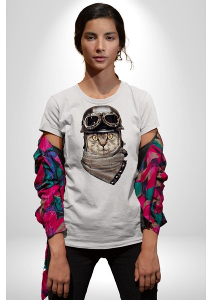Kasket Bandana Motorcu Kedi Kadın Erkek Unisex Beyaz Organik Baskılı T-Shirt Penye Yüksek Kalite modelleri