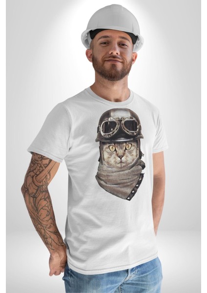 Kasket Bandana Motorcu Kedi Kadın Erkek Unisex Beyaz Organik Baskılı T-Shirt Penye Yüksek Kalite indirimleri