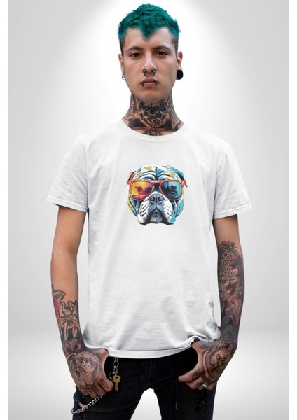 Bull Terier Köpek Gözlük Renkli Kadın Erkek Unisex Beyaz Organik Baskılı T-Shirt Penye Yüksek Kalite
