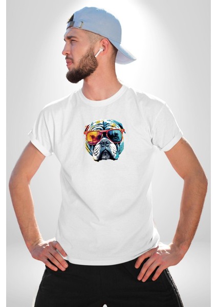 Bull Terier Köpek Gözlük Renkli Kadın Erkek Unisex Beyaz Organik Baskılı T-Shirt Penye Yüksek Kalite fiyatları
