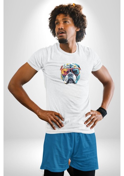 Bull Terier Köpek Gözlük Renkli Kadın Erkek Unisex Beyaz Organik Baskılı T-Shirt Penye Yüksek Kalite modelleri