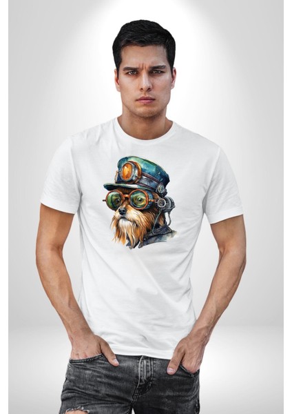 Tren Sürücüsü Gözlüklü Yorkshire Kadın Erkek Unisex Beyaz Organik Baskılı T-Shirt Penye Yüksek Kalite