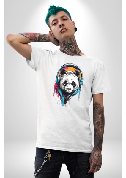 Kulaklık Ayı Panda Kadın Erkek Unisex Beyaz Organik Baskılı T-Shirt Penye Yüksek Kalite