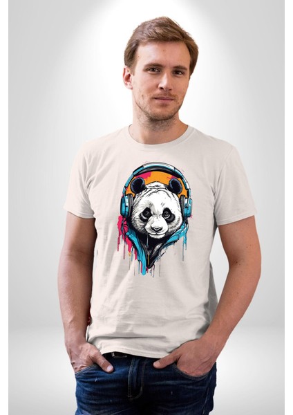 Kulaklık Ayı Panda Kadın Erkek Unisex Beyaz Organik Baskılı T-Shirt Penye Yüksek Kalite fiyatları