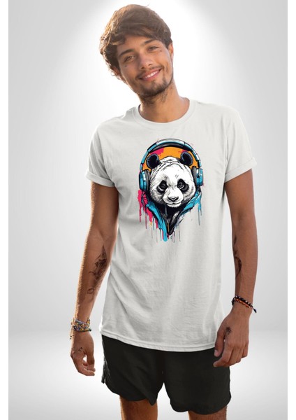 Kulaklık Ayı Panda Kadın Erkek Unisex Beyaz Organik Baskılı T-Shirt Penye Yüksek Kalite modelleri