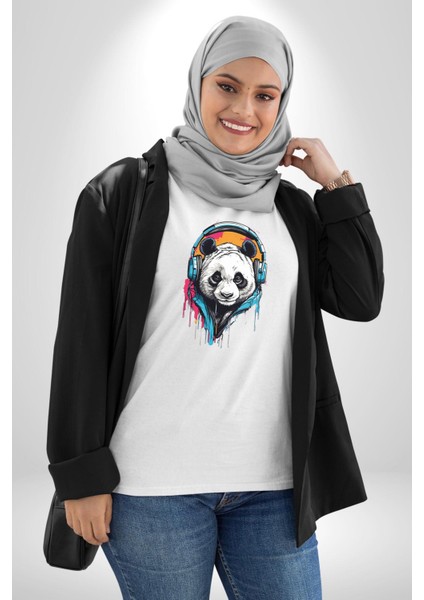 Kulaklık Ayı Panda Kadın Erkek Unisex Beyaz Organik Baskılı T-Shirt Penye Yüksek Kalite indirimleri