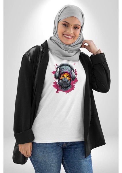 Maske Duman Corona Müzik Kulaklık Kadın Erkek Unisex Beyaz Organik Baskılı T-Shirt Penye Yüksek Kalite