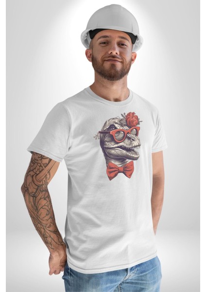 Kırmızı Gözlük Papyon Dinazor Kadın Erkek Unisex Beyaz Organik Baskılı T-Shirt Penye Yüksek Kalite