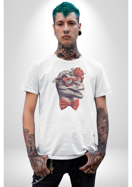 Kırmızı Gözlük Papyon Dinazor Kadın Erkek Unisex Beyaz Organik Baskılı T-Shirt Penye Yüksek Kalite modelleri