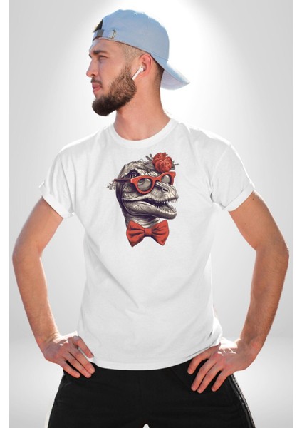 Kırmızı Gözlük Papyon Dinazor Kadın Erkek Unisex Beyaz Organik Baskılı T-Shirt Penye Yüksek Kalite fırsatları