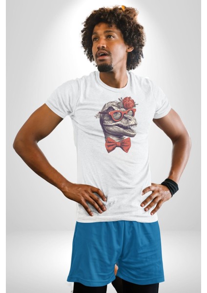 Kırmızı Gözlük Papyon Dinazor Kadın Erkek Unisex Beyaz Organik Baskılı T-Shirt Penye Yüksek Kalite indirimleri