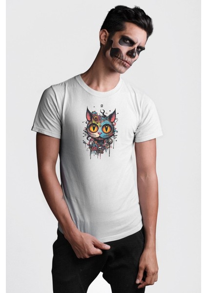 Meksikalı Alebrije Kedi Fütüristik Kedi Kadın Erkek Unisex Beyaz Organik Baskılı T-Shirt Penye Yüksek Kalite