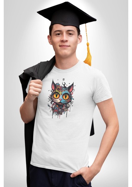 Meksikalı Alebrije Kedi Fütüristik Kedi Kadın Erkek Unisex Beyaz Organik Baskılı T-Shirt Penye Yüksek Kalite modelleri