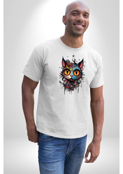 Meksikalı Alebrije Kedi Fütüristik Kedi Kadın Erkek Unisex Beyaz Organik Baskılı T-Shirt Penye Yüksek Kalite fırsatları