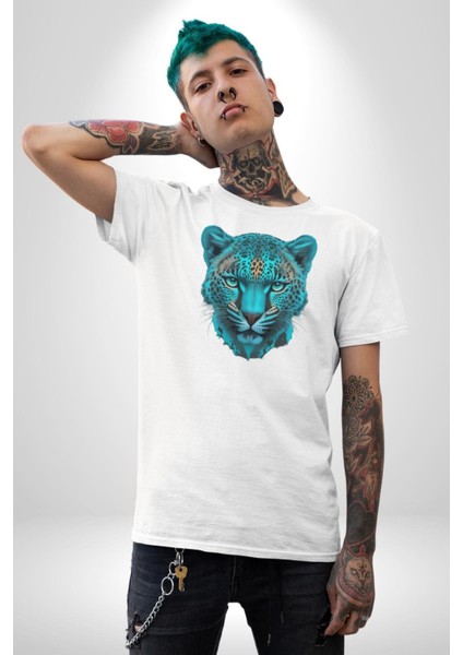 Yeşil Leopar Kafası Kadın Erkek Unisex Beyaz Organik Baskılı T-Shirt Penye Yüksek Kalite