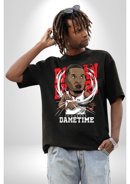 Basketbol Oyun Zamanı Pamuklu Bisiklet Yaka Kadın Erkek Oversize Boyfriend Dijital Baskılı Siyah T-Shirt