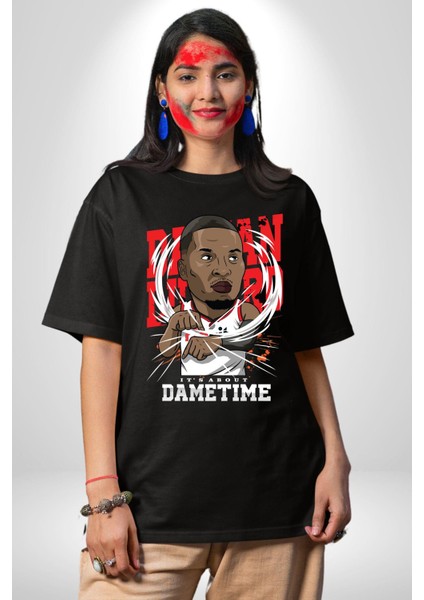 Basketbol Oyun Zamanı Pamuklu Bisiklet Yaka Kadın Erkek Oversize Boyfriend Dijital Baskılı Siyah T-Shirt fırsatları