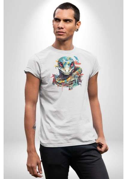 Yapay Zeka Sanal Yılan Kadın Erkek Unisex Beyaz Organik Baskılı T-Shirt Penye Yüksek Kalite fırsatları