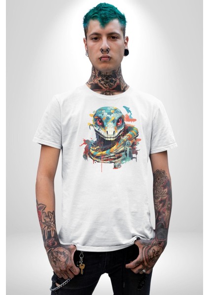 Yapay Zeka Sanal Yılan Kadın Erkek Unisex Beyaz Organik Baskılı T-Shirt Penye Yüksek Kalite indirimleri
