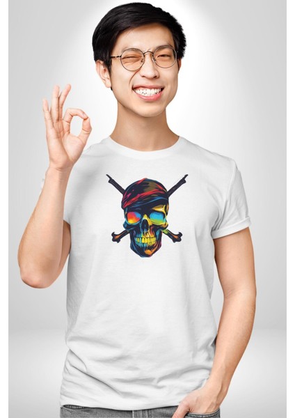 Korsan Kurukafa Kadın Erkek Unisex Beyaz Organik Baskılı T-Shirt Penye Yüksek Kalite