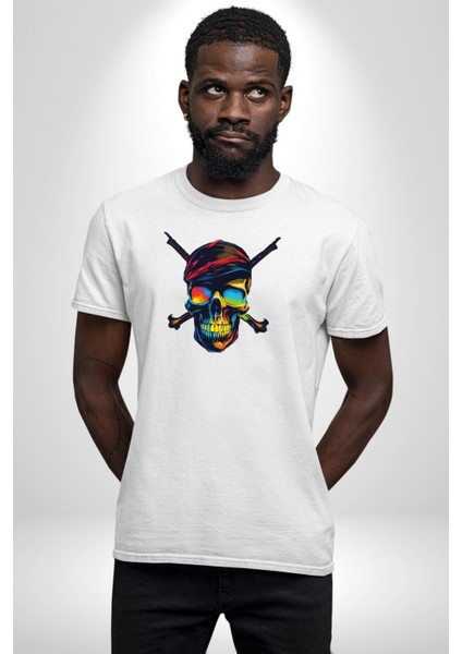 Korsan Kurukafa Kadın Erkek Unisex Beyaz Organik Baskılı T-Shirt Penye Yüksek Kalite fiyatları