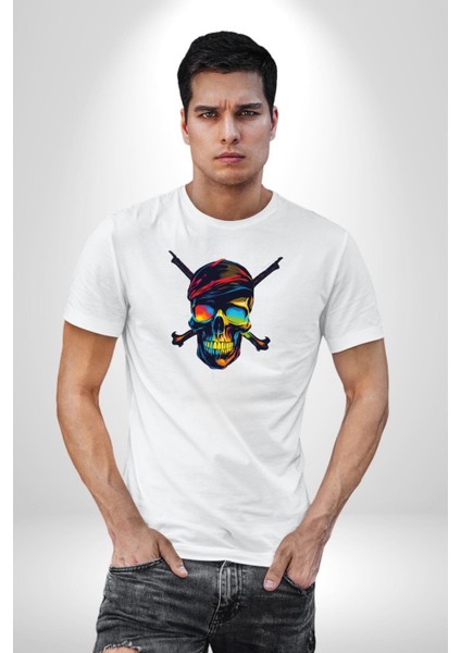 Korsan Kurukafa Kadın Erkek Unisex Beyaz Organik Baskılı T-Shirt Penye Yüksek Kalite modelleri