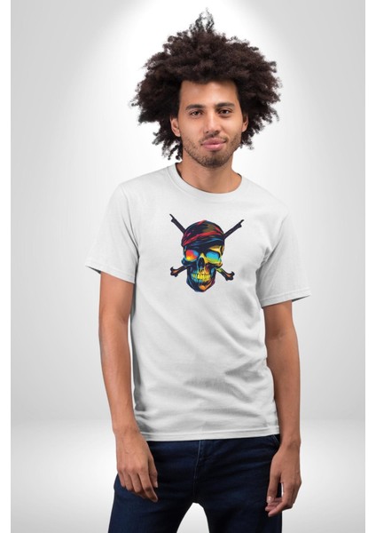 Korsan Kurukafa Kadın Erkek Unisex Beyaz Organik Baskılı T-Shirt Penye Yüksek Kalite indirimleri