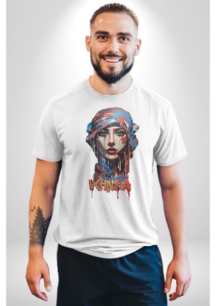 Khansa Eşarp Kadın Tasarımı Kadın Erkek Unisex Beyaz Organik Baskılı T-Shirt Penye Yüksek Kalite