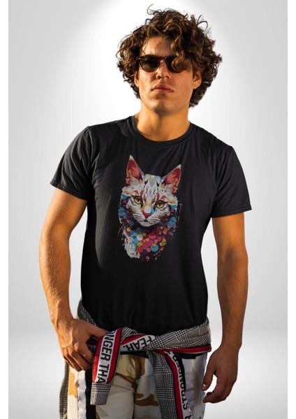 Renki Kedi Sarı Gözlü Tekir Kadın Erkek Unisex Siyah Organik Baskılı T-Shirt Penye Yüksek Kalite