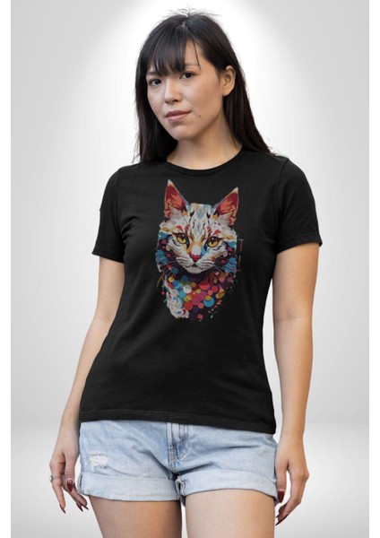 Renki Kedi Sarı Gözlü Tekir Kadın Erkek Unisex Siyah Organik Baskılı T-Shirt Penye Yüksek Kalite fiyatları