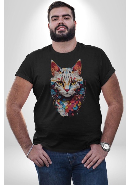 Renki Kedi Sarı Gözlü Tekir Kadın Erkek Unisex Siyah Organik Baskılı T-Shirt Penye Yüksek Kalite fırsatları