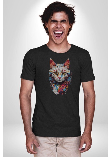 Renki Kedi Sarı Gözlü Tekir Kadın Erkek Unisex Siyah Organik Baskılı T-Shirt Penye Yüksek Kalite indirimleri