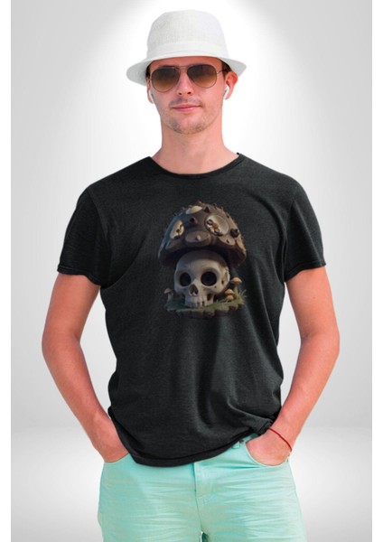 Kurukafa Mantar Ev Kadın Erkek Unisex Siyah Organik Baskılı T-Shirt Penye Yüksek Kalite