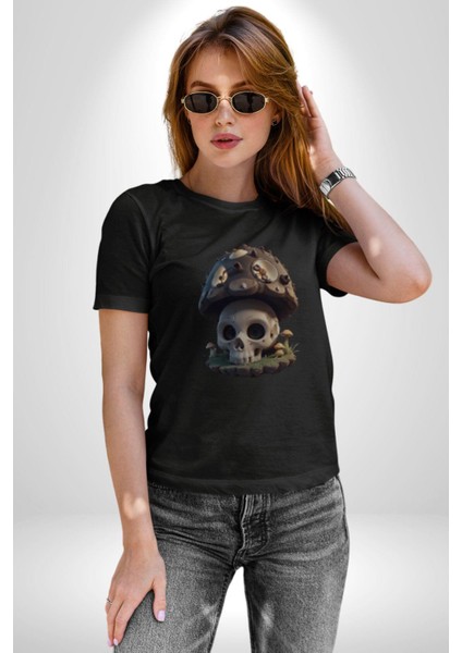 Kurukafa Mantar Ev Kadın Erkek Unisex Siyah Organik Baskılı T-Shirt Penye Yüksek Kalite fırsatları