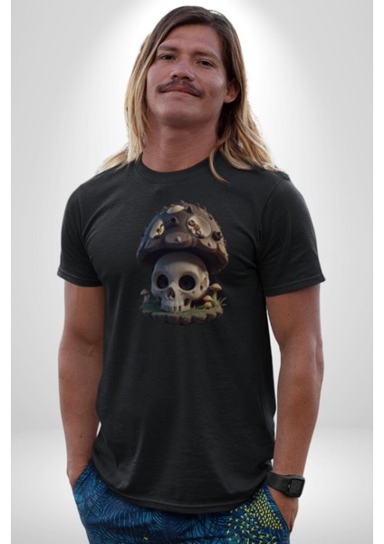 Kurukafa Mantar Ev Kadın Erkek Unisex Siyah Organik Baskılı T-Shirt Penye Yüksek Kalite indirimleri