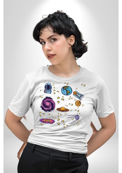 Uzay Figürleri Mars Ay Dünya Kadın Erkek Unisex Beyaz Organik Baskılı T-Shirt Penye Yüksek Kalite